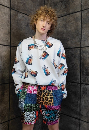 Leopard shorts handmade animal print overalls in blue brown