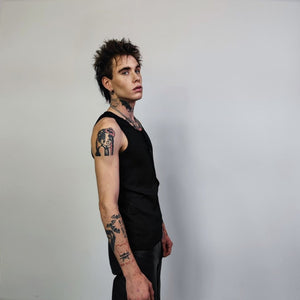 Button up sleeveless vest t-shirt Gothic tank top grunge crew neck tee rocker surfer vest in black