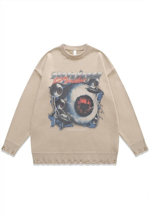 Alien sweater knitted distressed UFO print jumper in black