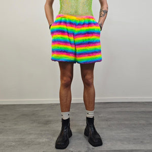 Rainbow Shorts unicorn fleece striped gay short LGBT rave bomber glitchy burning man outfit festival overcoat carnival trench