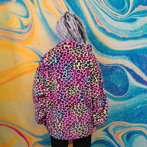 Leopard fleece jacket fluffy rainbow track jacket faux fur animal print bomber festival jacket rainbow coat pride jacket in pink purple