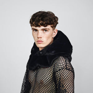 Faux fur hood black snood handmade hooded hat all over fluffy fleece scarf unisex bucket grunge headwear