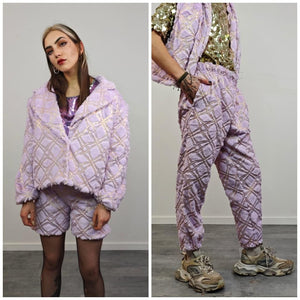 Cropped going out coat purple gold glitter jacket shiny embellished fleece bomber detachable sleeves handmade party trench festival set