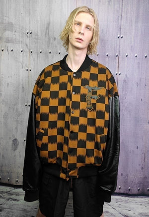 Drop shoulder varsity jacket faux leather check jacket brown