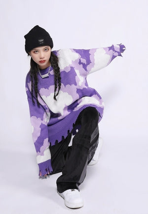 Cloud print sweater ripped knitwear jumper rave top purple