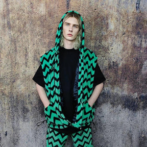 Zigzag fleece jacket hooded geometric bomber luxury grunge coat detachable sleeves handmade stripe pattern overcoat fuzzy festival set white