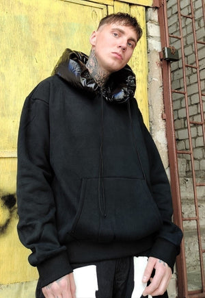 Technical padded hoodie velvet look rave hooded jumper black