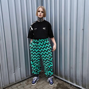 Geometric fleece joggers green zigzag trousers luxury stripe pattern pants handmade party clown hotpants grunge festival set raver tracksuit