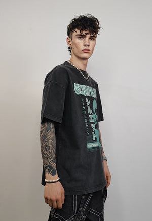 Vintage anime t-shirt Japanese tee cartoon top in acid grey