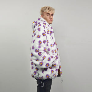 Floral fleece jacket white daisy print bomber fluffy sunflower pullover handmade rave festival overcoat grunge fuzzy hoodie
