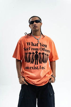 Psychedelic slogan t-shirt retro slogan top human print tee in orange