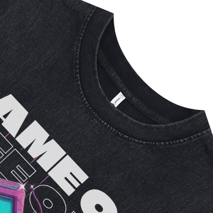 Gamer sleeveless t-shirt retro console print surfer vest 00s raver tank top in acid wash black