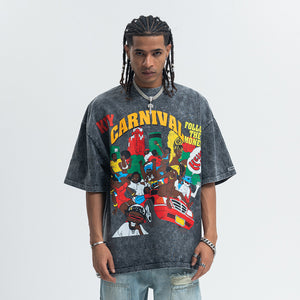 Carnival slogan t-shirt retro cartoon top 00s party tee in grey