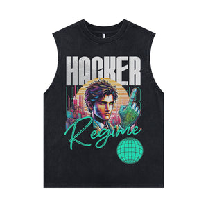 Hacker slogan sleeveless t-shirt cyberpunk surfer vest retro geek poster tank top in acid wash black