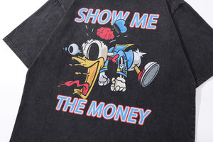 Money slogan t-shirt duck cartoon tee retro top in vintage grey