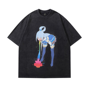 Funny anime t-shirt girl print tee y2k Japanese cartoon top in vintage grey