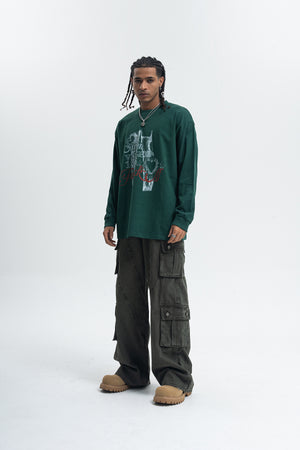 Fuck off slogan jumper pinup girl print top long sleeve retro grunge t-shirt in brown