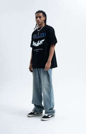 White doves t-shirt bird print top freedom slogan tee in black