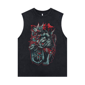 Lion print vintage sleeveless t-shirt gothic anime surfer vest retro cartoon tank top in acid wash black