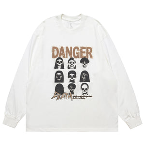 Danger slogan jumper skull print top 90s gothic poster long sleeve t-shirt in brown