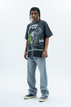 Flame t-shirt skeleton print tee grunge monster top skull jumper in Grey