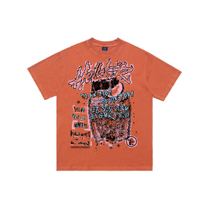 Hell slogan t-shirt grunge graffiti tee cross print top in Pink