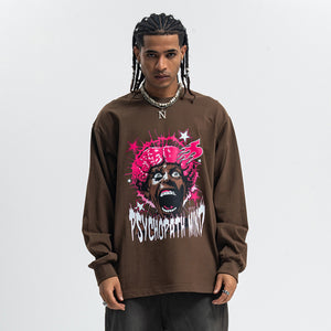 Psychopath slogan jumper long sleeve raver t-shirt grunge hip-hop top in brown