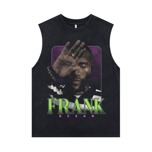 Frank Ocean sleeveless t-shirt vintage rapper vest hip-hop tank top in acid wash black