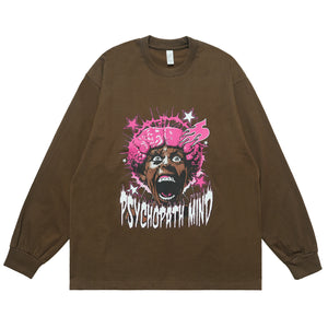 Psychopath slogan jumper long sleeve raver t-shirt grunge hip-hop top in brown