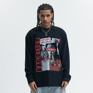 Bad bitch slogan top long sleeve raver tee grunge graffiti t-shirt in black