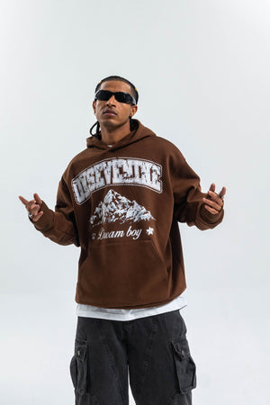 Dream boy slogan hoodie mountain print pullover retro landcape poster jumper in brown