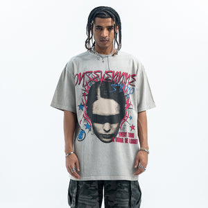 Gothic t-shirt blindfolded girl top creepy print tee in grey