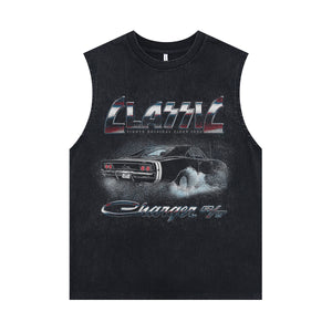 80s car sleeveless t-shirt racing surfer vest motorsports tank top in acid wash black