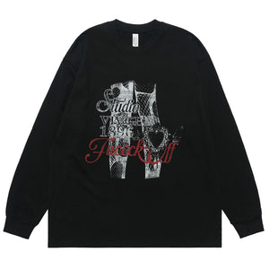 Fuck off slogan jumper pinup girl print top long sleeve retro grunge t-shirt in brown