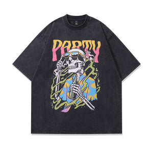 Party slogan t-shirt skeleton cartoon tee retro hawaii top in vintage grey