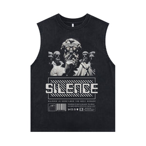 Silence slogan sleeveless t-shirt Greek god surfer vest retro ancient poster tank top in acid wash black