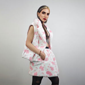 Cropped cow print coat red white fleece trench animal print jacket detachable sleeves handmade spot pattern party overcoat festival set