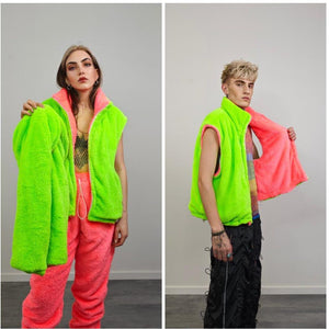 Neon pink fleece joggers rave pants fluorescent trousers carnival tracksuit party overalls fluffy jumpsuit fuzzy burning man festival set