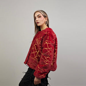 Collarless going out coat red gold glitter trench shiny embellished fleece jacket detachable sleeves handmade party overcoat festival set