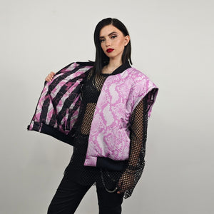 Pink snake bomber python print jacket raver reversible college varsity detachable sleeves handmade crocodile puffer grunge punk rocker coat