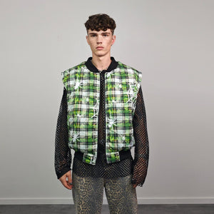 Spider web print jacket purple tie-dye bomber plaid check puffer punk reversible college varsity detachable sleeves handmade tartan coat