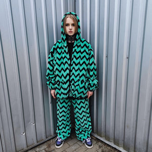 Zigzag fleece jacket hooded geometric bomber luxury grunge coat detachable sleeves handmade stripe pattern overcoat fuzzy festival set white