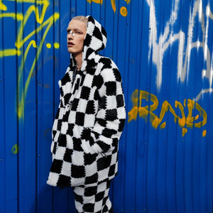 Checked trench coat faux fur white black overcoat plaid jacket SKA bomber detachable sleeves handmade rave puffer festival Coachella fleece