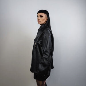 Faux leather shirt PU cowboy jacket rocker metal bucket blouse grunge punk top button up faux leather jacket in black