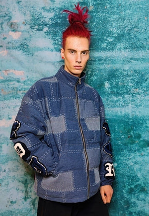 Reworked denim patch bomber jean puffer jacket in blue check