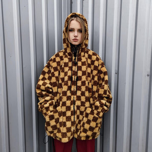 Checked fleece joggers brown Fluffy plaid trousers luxury SKA check pants handmade party hotpants geometric festival set raver tracksuit