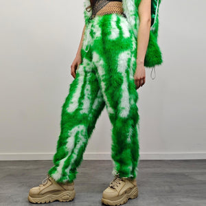 Green faux fur joggers tie-dye trousers abstract rave pants fluffy shorts custom festival bottoms burning man fleece set