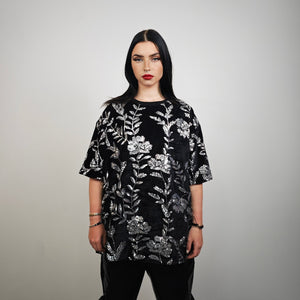 Silver sequin embellished floral tshirt luxury embroidered top daffodils print tee shiny luminous going out fancy dress party pullover black