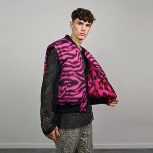 Leopard jacket neon pink animal print bomber reversible cheetah college varsity detachable sleeves handmade rave puffer grunge festival coat