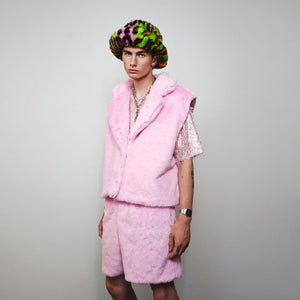 Faux fur shorts pastel pink fuzzy cropped pants hairy trousers handmade solid pattern party joggers fluffy skater festival set